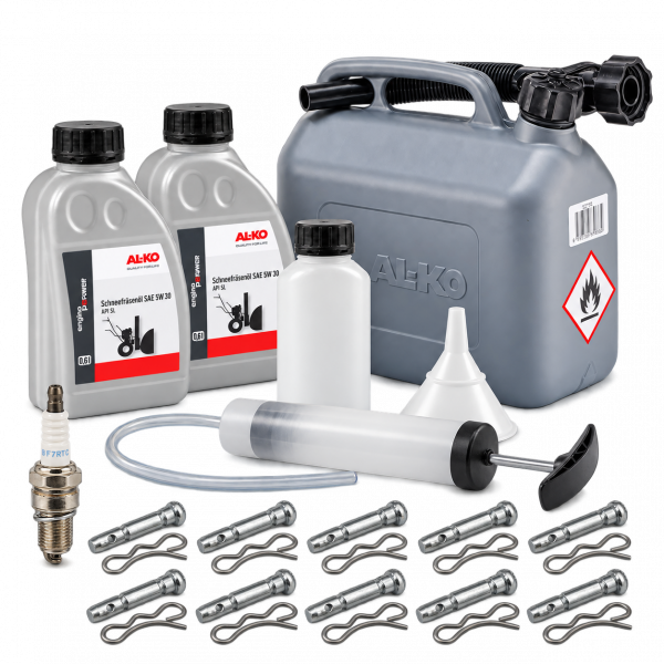 Lieferumfang: 5-l-Benzinkanister, Motor-Service-Set, 2x 0,6 l Öl, Zündkerze und 10 Abscherbolzen mit Clips